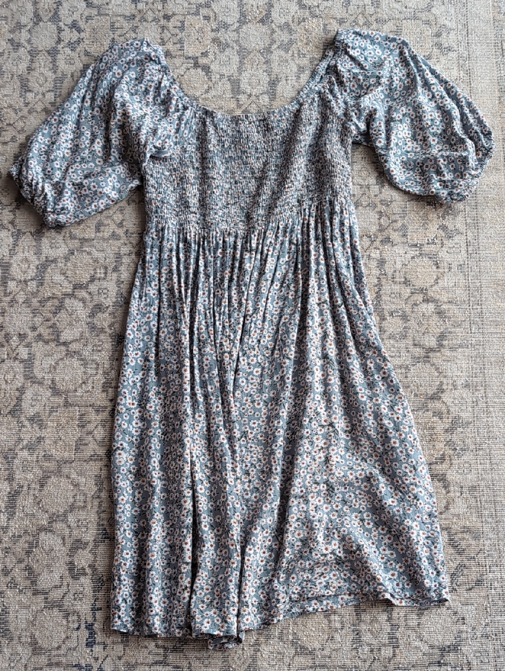 Smocked Floral Puff-Sleeve Cottage Core Dress in Dusty Blue